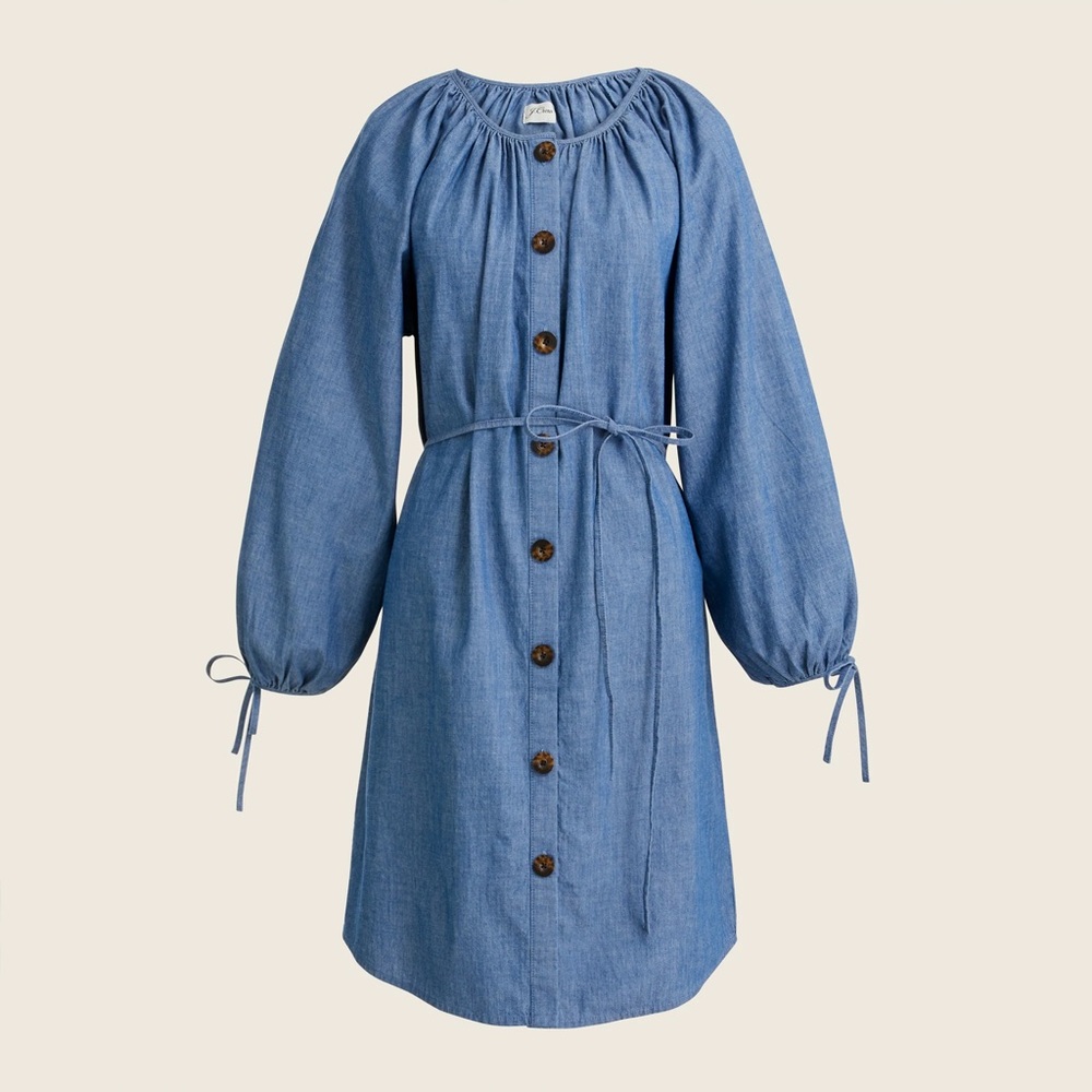 J.Crew Button Front Tie Chambray Dress Long Puff Tie Sleeve